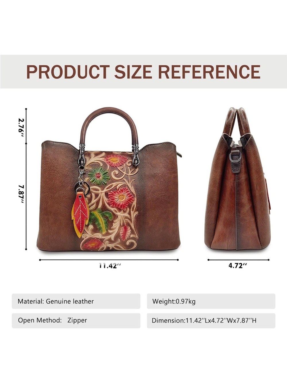 Brown Floral Embossed Leather Satchel - Unbranded - Picture 3 of 6